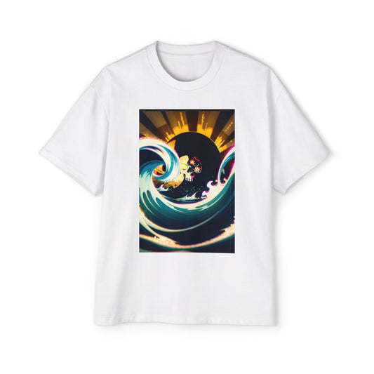 Men's Heavy Oversized Tee with Coastal Wave Art - Casual Beach Vibes
