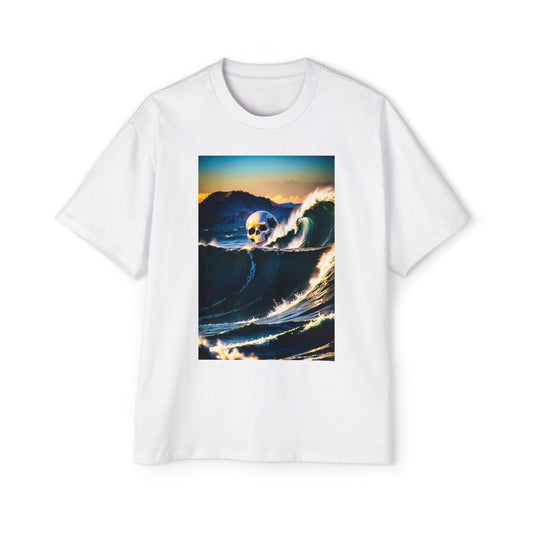 Men's Heavy Oversized Tee - Bold Skull & Wave Design - Surf Style Streetwear
