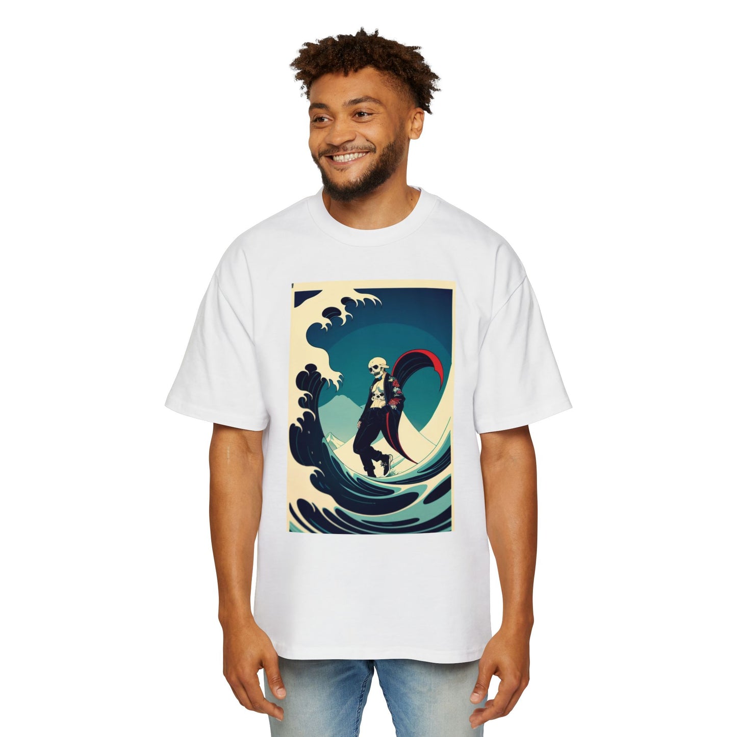 Men's Oversized Tee - Grim Reaper Wave Design Shirt | Casual Relaxed Fit for Surf Lovers