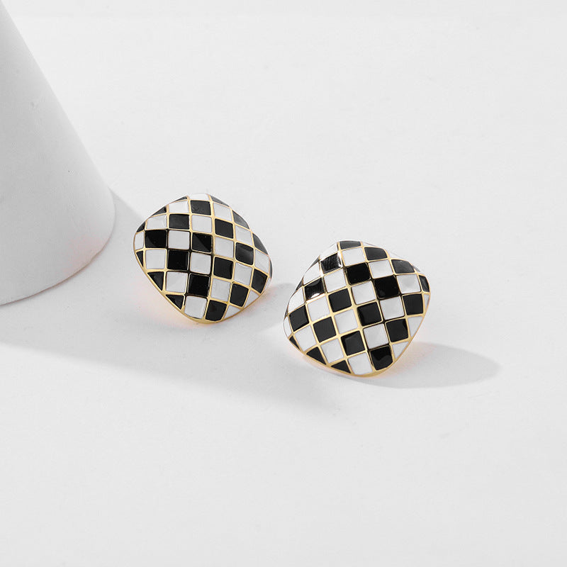 S925 checkerboard-square earring