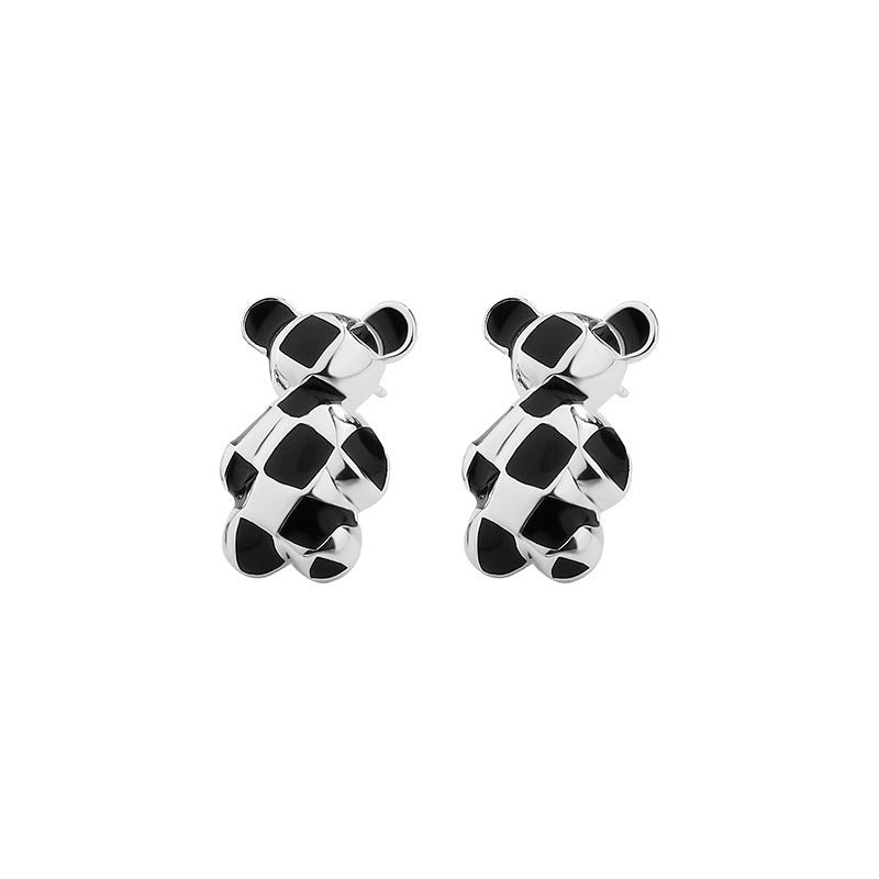 S925 checkerbored-bear earring